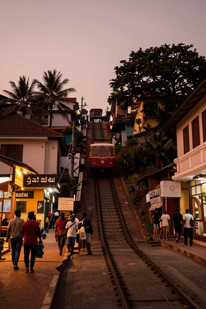 Kochi India Street Scene Copper Dusk Light Funicular Railway and Urban Life in in Kochi, India