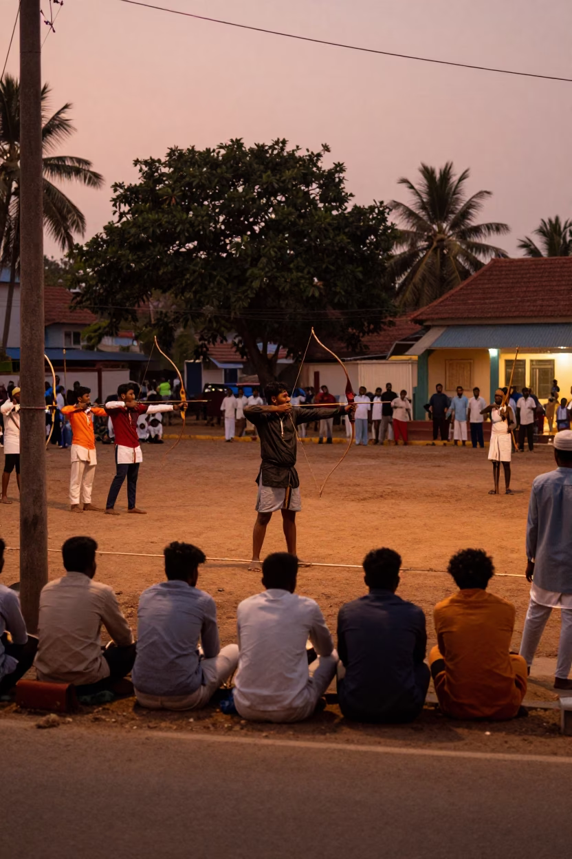 Kochi India street scene copper dusk light traditional archery contest field in in Kochi, India