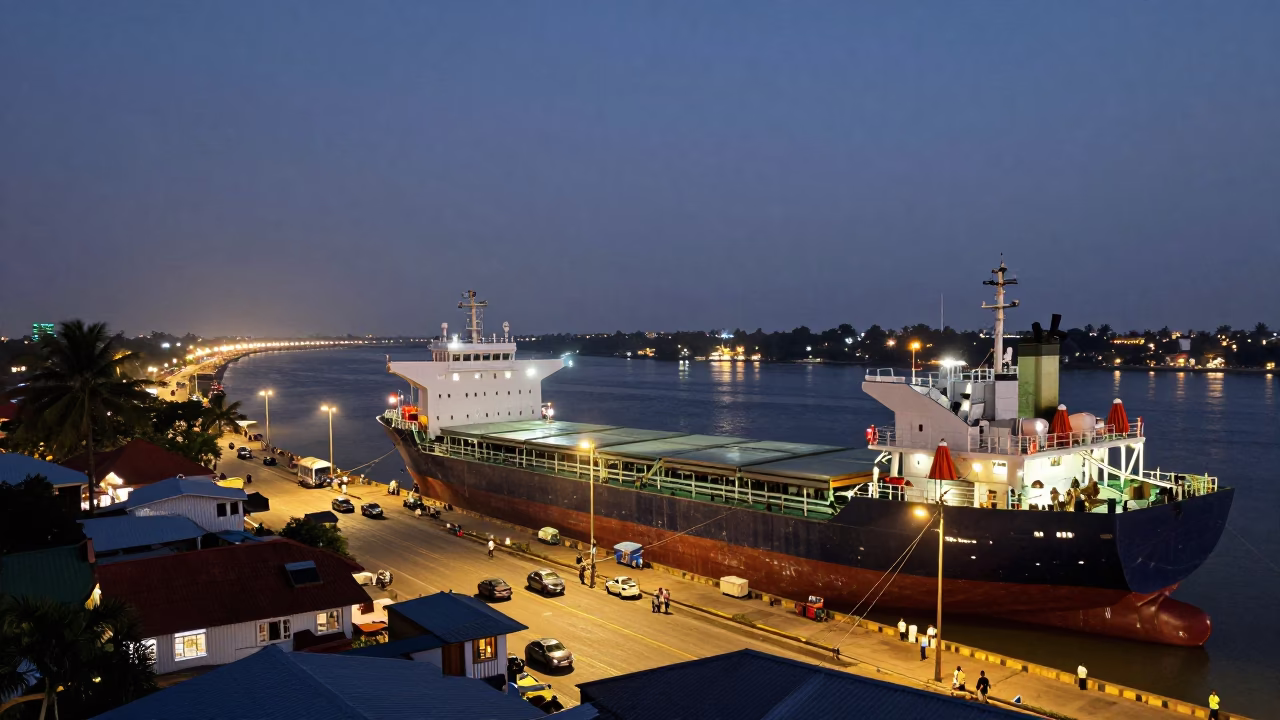Kochi India Street Scene Evening City Lights Glow Cargo Ship Vessels and Local Traffic in in Kochi, India