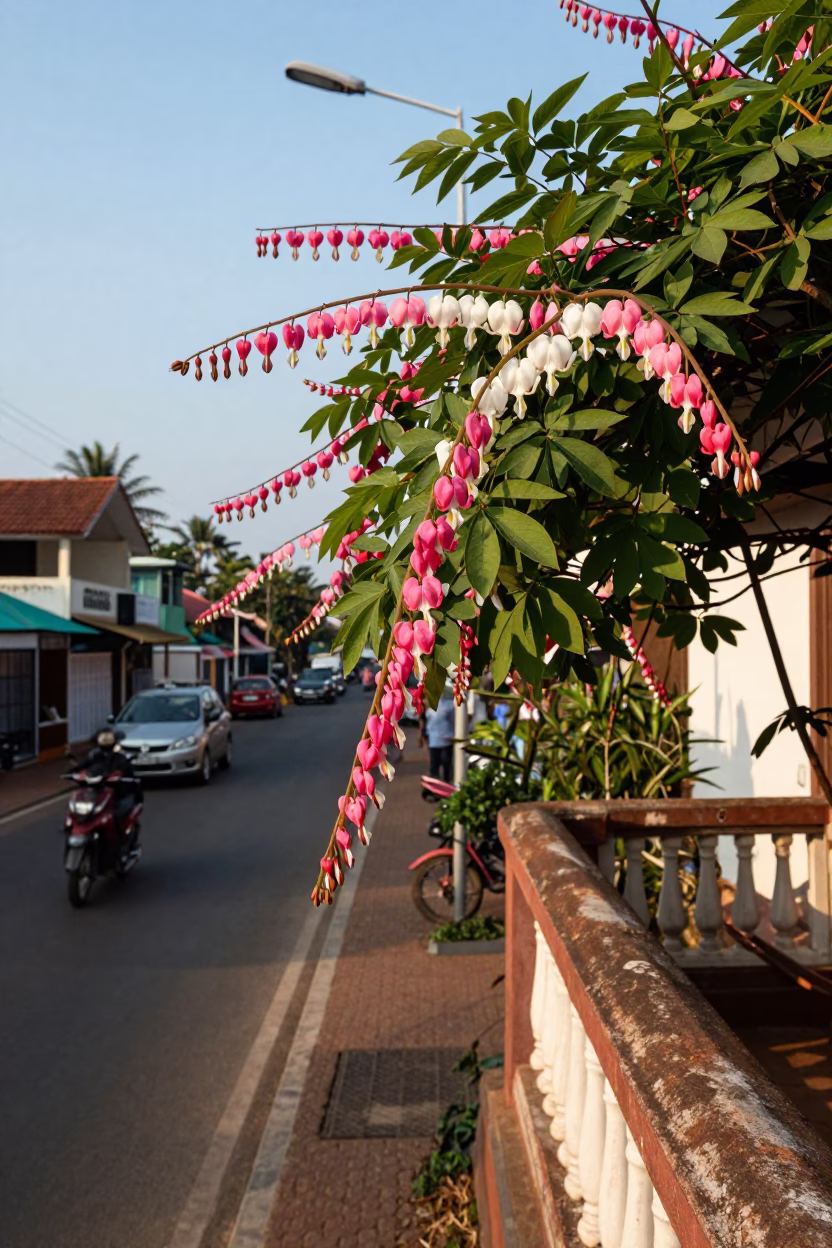 Kochi India Street Scene Late Afternoon Light with Bleeding Heart Vine and Local Life in in Kochi, India
