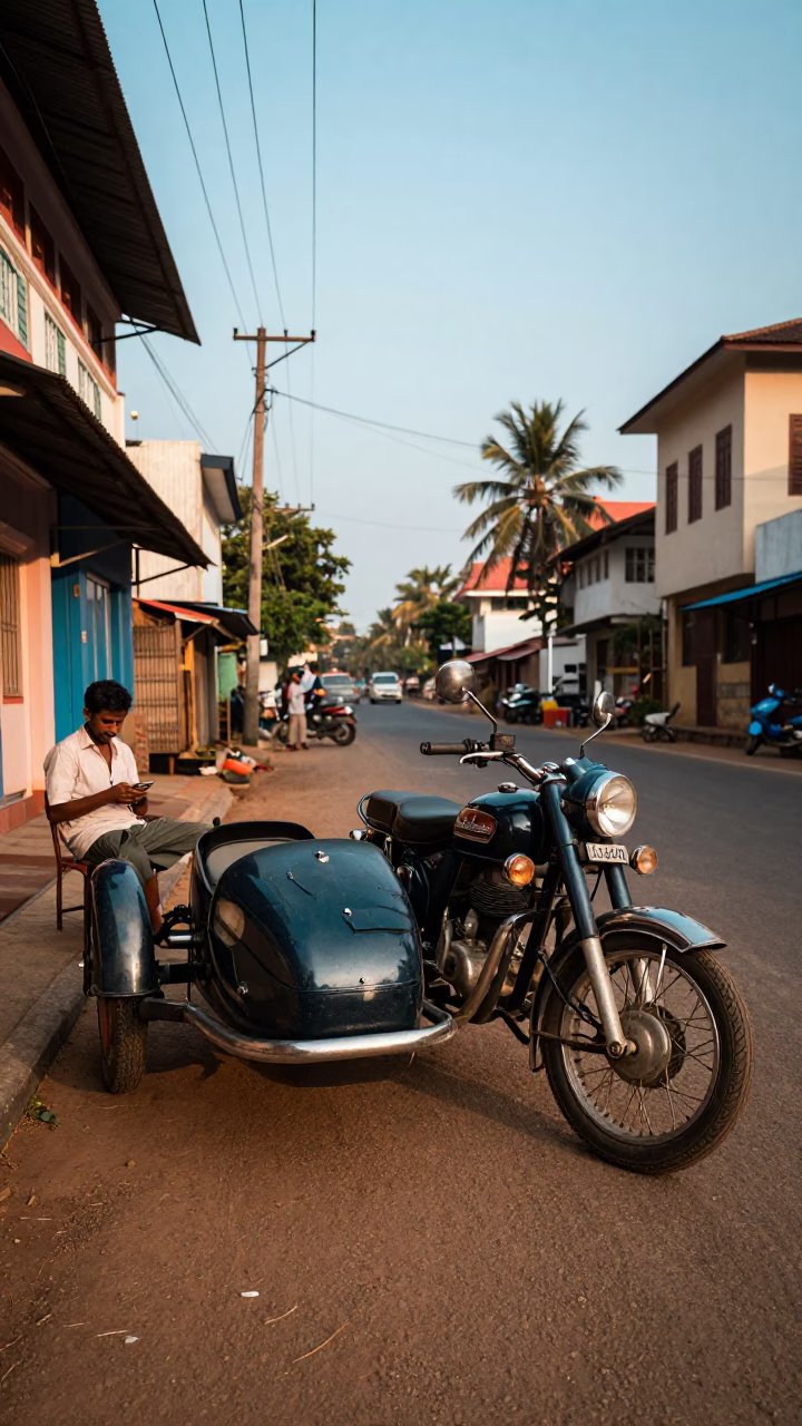 Kochi India Street Scene Late Afternoon Light with Vintage Motorcycle Sidecar and Local Interaction in in Kochi, India