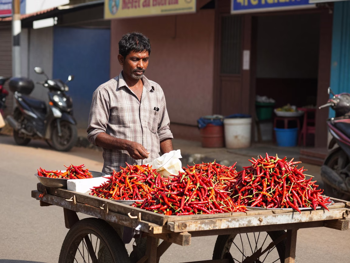 Kochi India Street Scene Midmorning Light with Chili Peppers and Local Market Activity in in Kochi, India