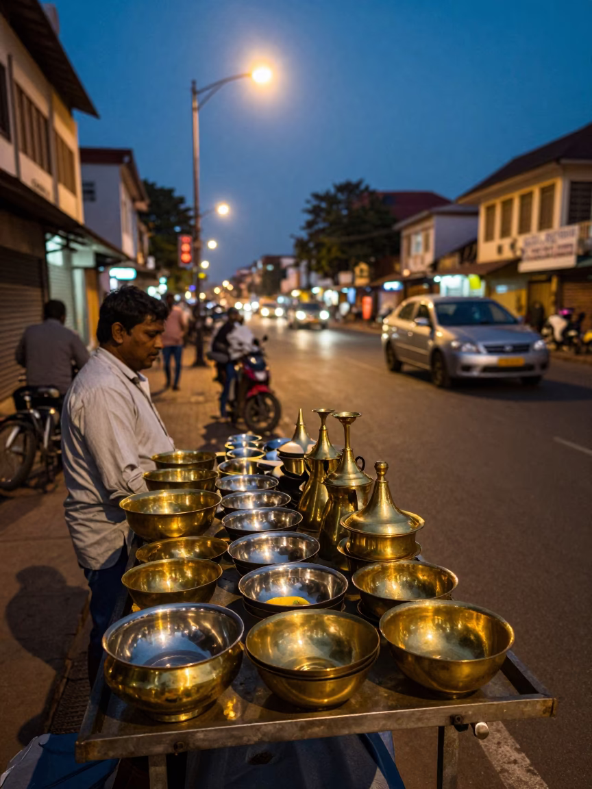 Kochi India street scene with brassware and evening city lights glow in in Kochi, India