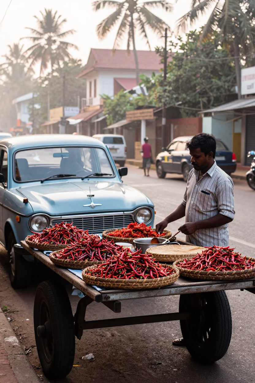 Kochi India Street Scene with Chili Peppers and Vintage Car After Sunrise in in Kochi, India