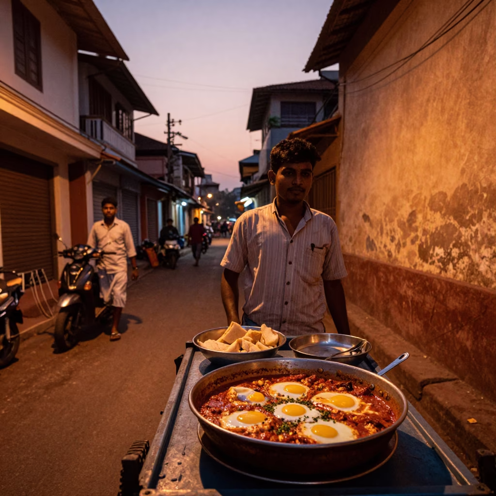Kochi India street scene with copper-toned dusk light and local vendors selling food in in Kochi, India