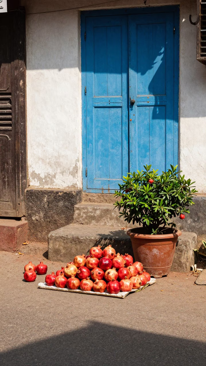 Kochi India Street Scene with Pomegranates and Plant Pot in Bright Midmorning Light in in Kochi, India