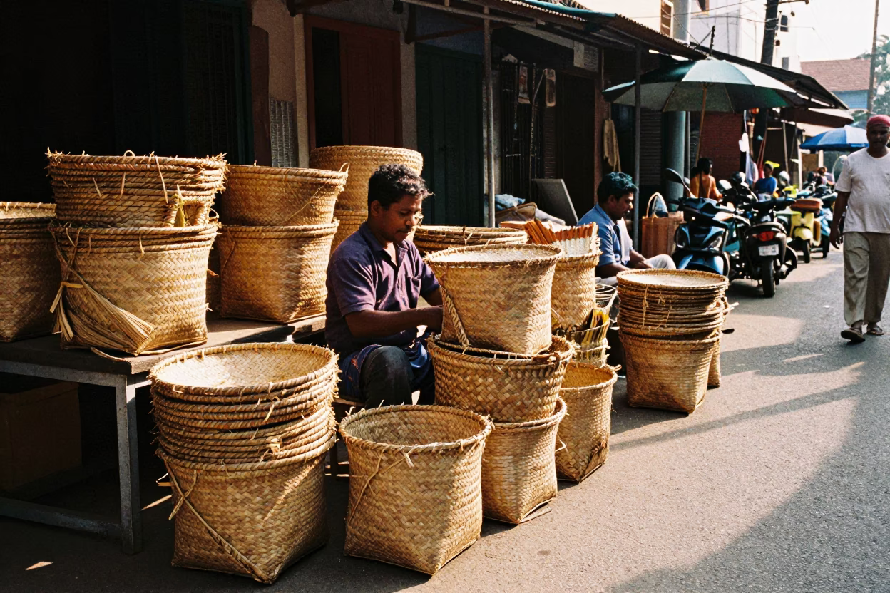 Kochi India Street Scene with Woven Baskets and Local Commerce in in Kochi, India