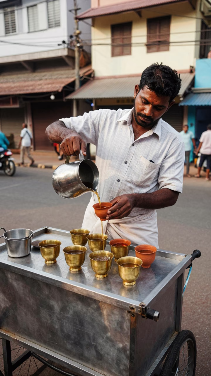 Kochi India street vendor preparing tea with brass measuring cups under morning sunlight in in Kochi, India