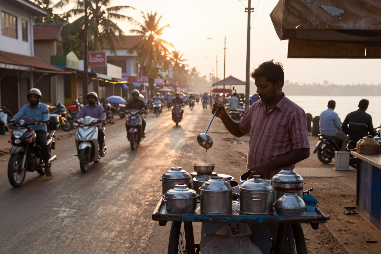 Kochi India Sunrise Street Scene with Tea Vendor and Morning Commuters in in Kochi, India