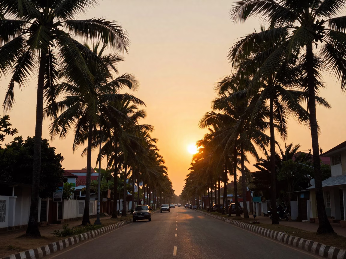 Kochi India Sunset Palm Tree Avenue Boulevard Street Life and Local Commerce in in Kochi, India
