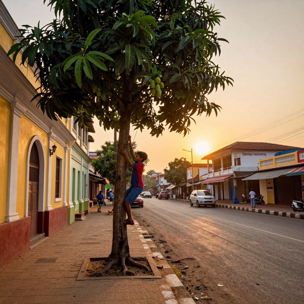 Kochi India Sunset Street Scene with Boy Climbing Mango Tree and Colorful Urban Life in in Kochi, India