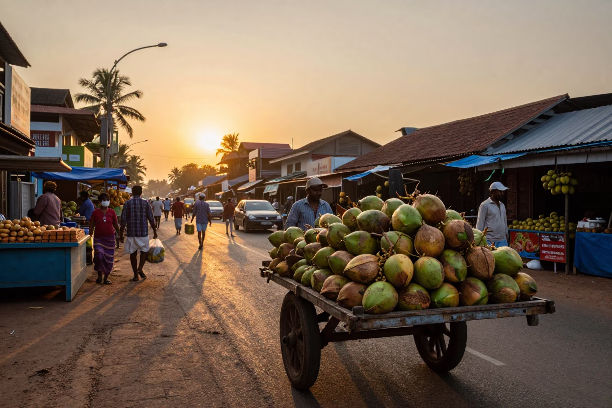 Kochi India Sunset Street Scene with Coconuts and Local Market Activity in in Kochi, India