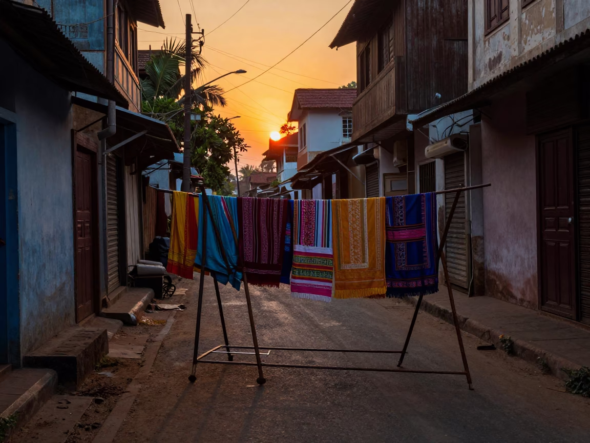 Kochi India Sunset Street Scene with Drying Rack and Rusty Metal Details in in Kochi, India