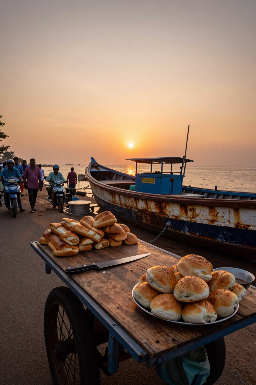 Kochi India Sunset Street Scene with Fishing Boat and Rusty Bell in in Kochi, India