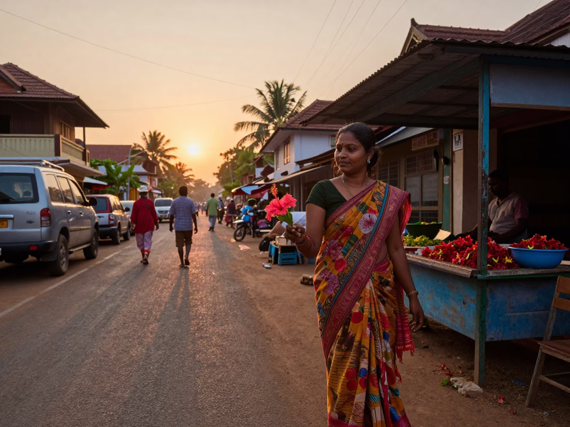Kochi India Sunset Street Scene with Hibiscus Flower and Traditional Saree in in Kochi, India
