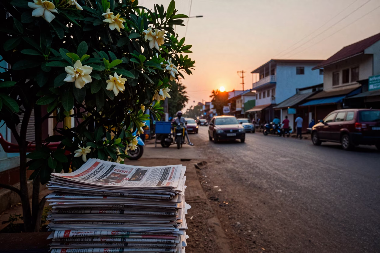Kochi India Sunset Street Scene with Local Newspaper Stack and Gardenia Bush in in Kochi, India