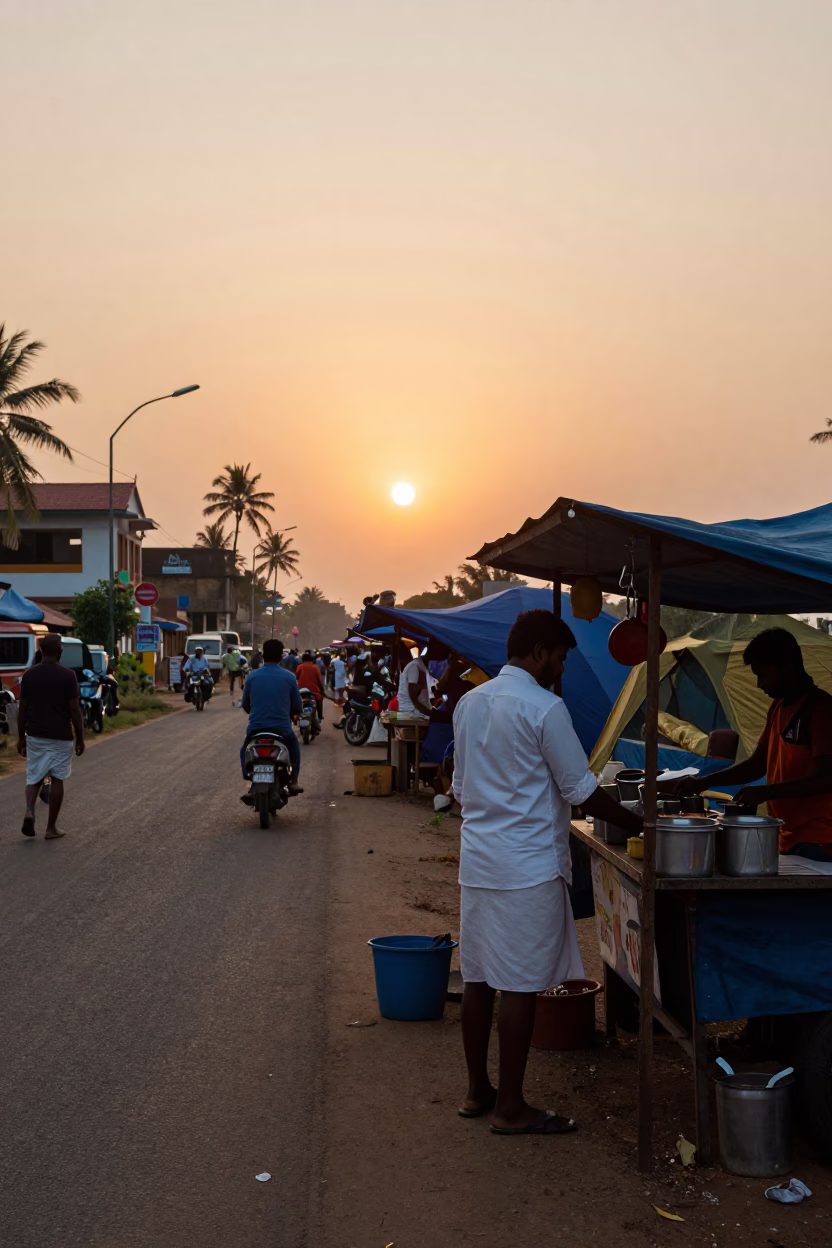 Kochi India Sunset Street Scene with Local Vendor and Camp Mugs in in Kochi, India