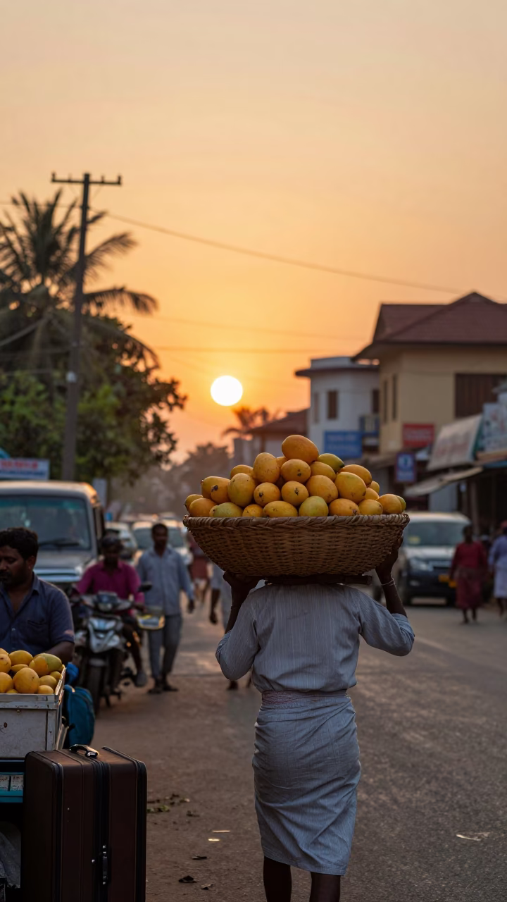 Kochi India Sunset Street Scene with Mangoes and Luggage Latch in in Kochi, India