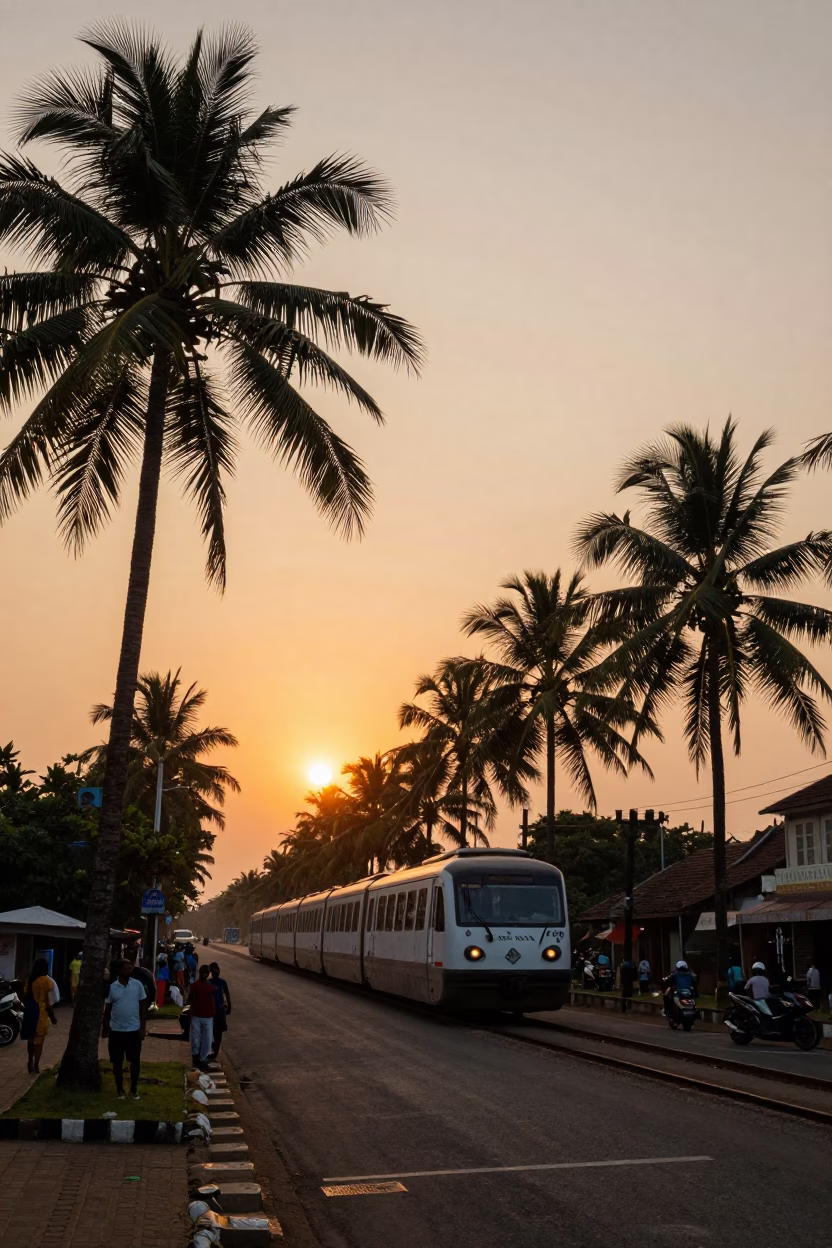 Kochi India Sunset Street Scene with Monorail and Palm Trees in in Kochi, India