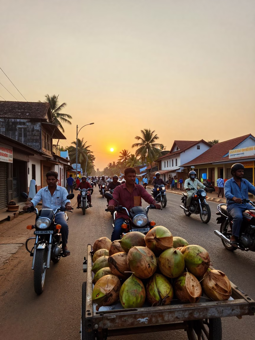 Kochi India Sunset Street Scene with Motorcycle Convoy and Traditional Houseboat in in Kochi, India