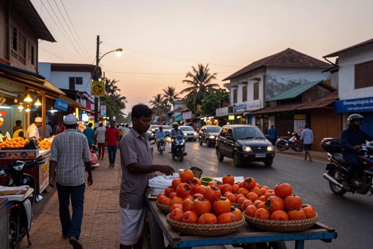 Kochi India Sunset Street Scene with Persimmons and Night Lights in in Kochi, India