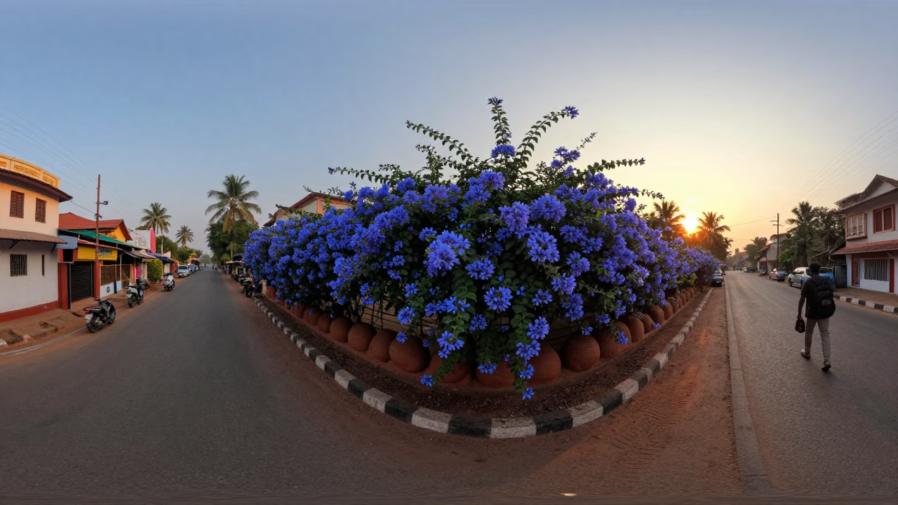 Kochi India Sunset Street Scene with Plumbago Hedge and Clay Pots in in Kochi, India