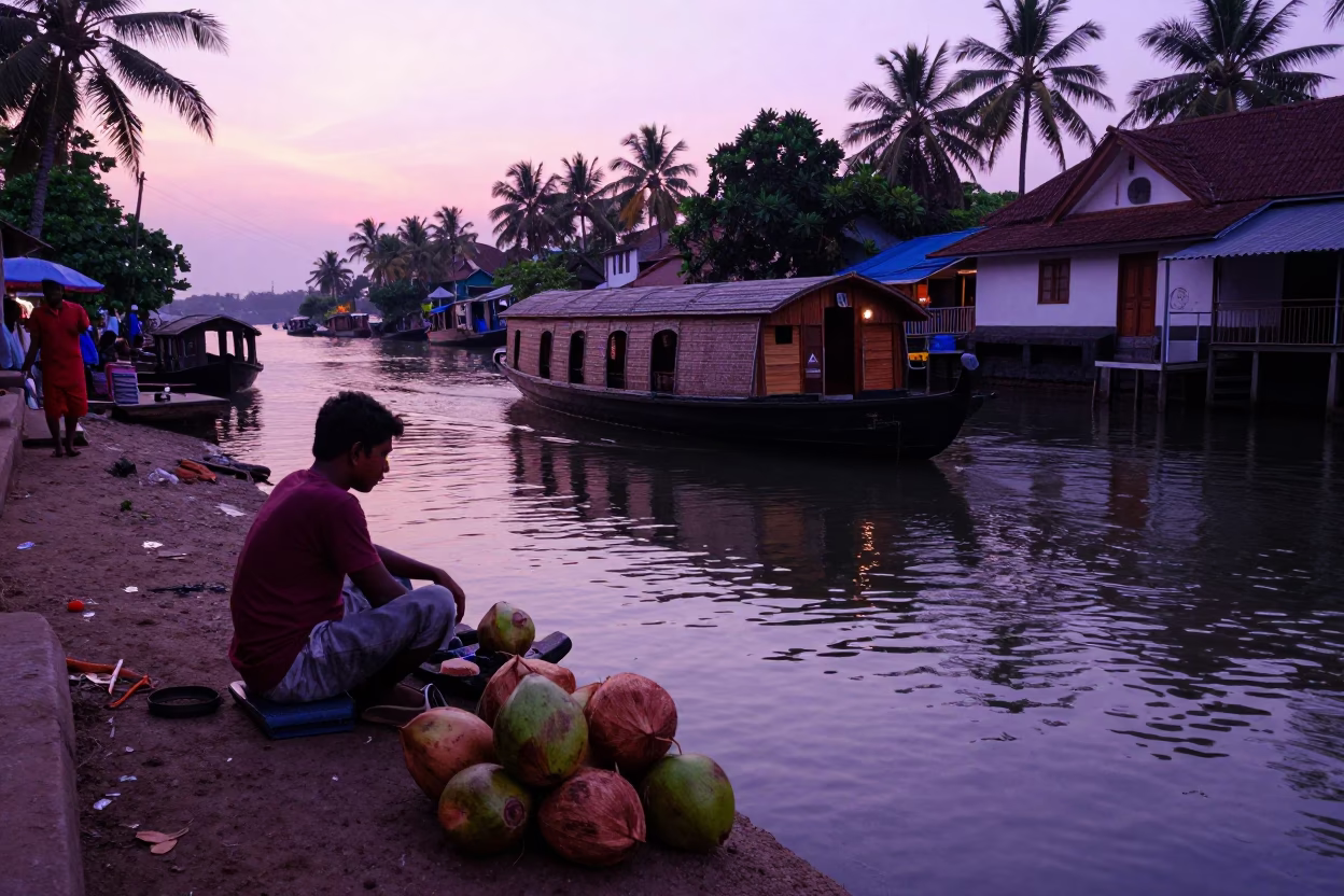 Kochi India Sunset Street Scene with Traditional Houseboat and Local Market Activity in in Kochi, India