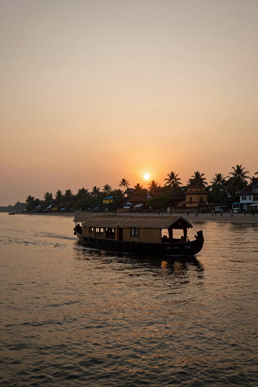 Kochi India Sunset Street Scene with Traditional Kerala Houseboat and Coastal Activity in in Kochi, India