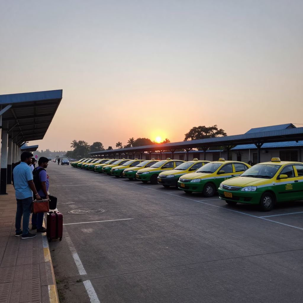 Kochi India Taxi Rank Outside Train Station at Twilight with Sunset Glow in in Kochi, India