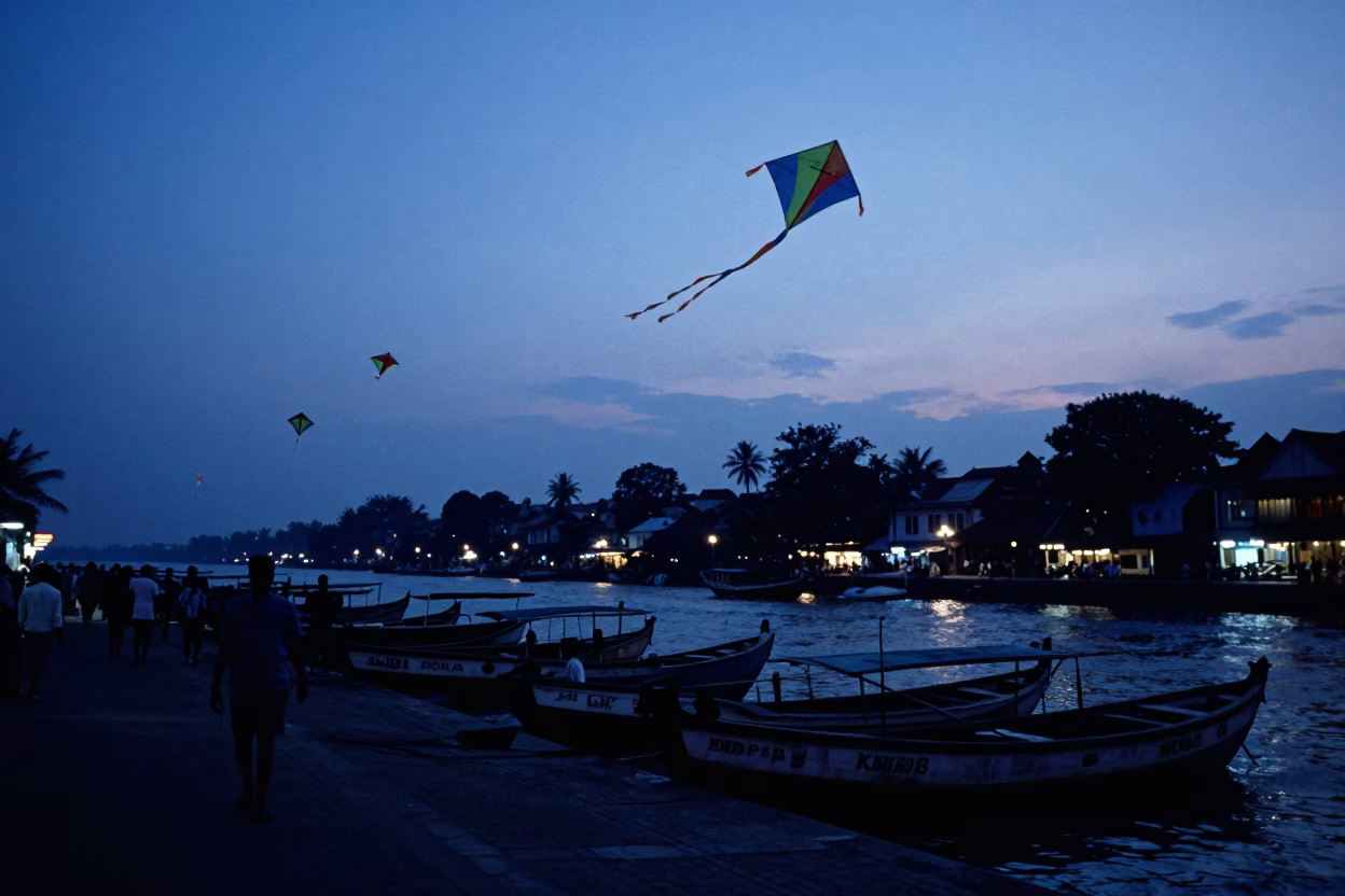 Kochi India Twilight Street Scene with Kites and Local Activity in in Kochi, India