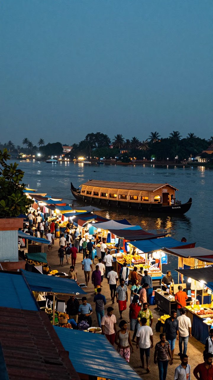 Kochi Market Scene at As City Lights Begin To Glow in in Kochi, India