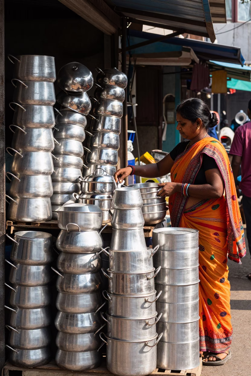 Kochi Metal Cookware at Noon Light in in Kochi, India