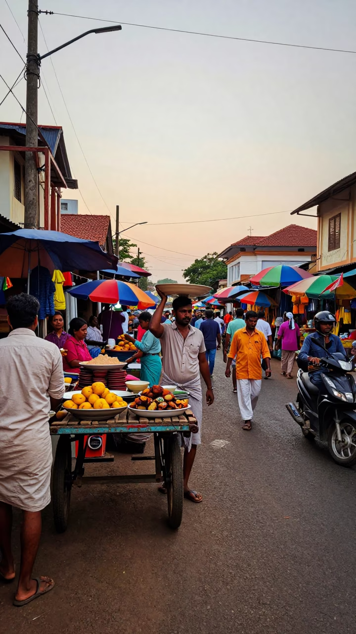 Kochi Street Corner at Honeyed Evening Light in in Kochi, India