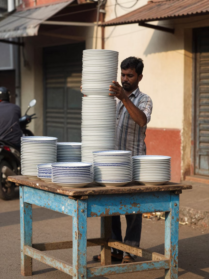 Kochi Street Scene with Blue White Porcelain and Scuffed Wood Under Late Afternoon Sun in in Kochi, India