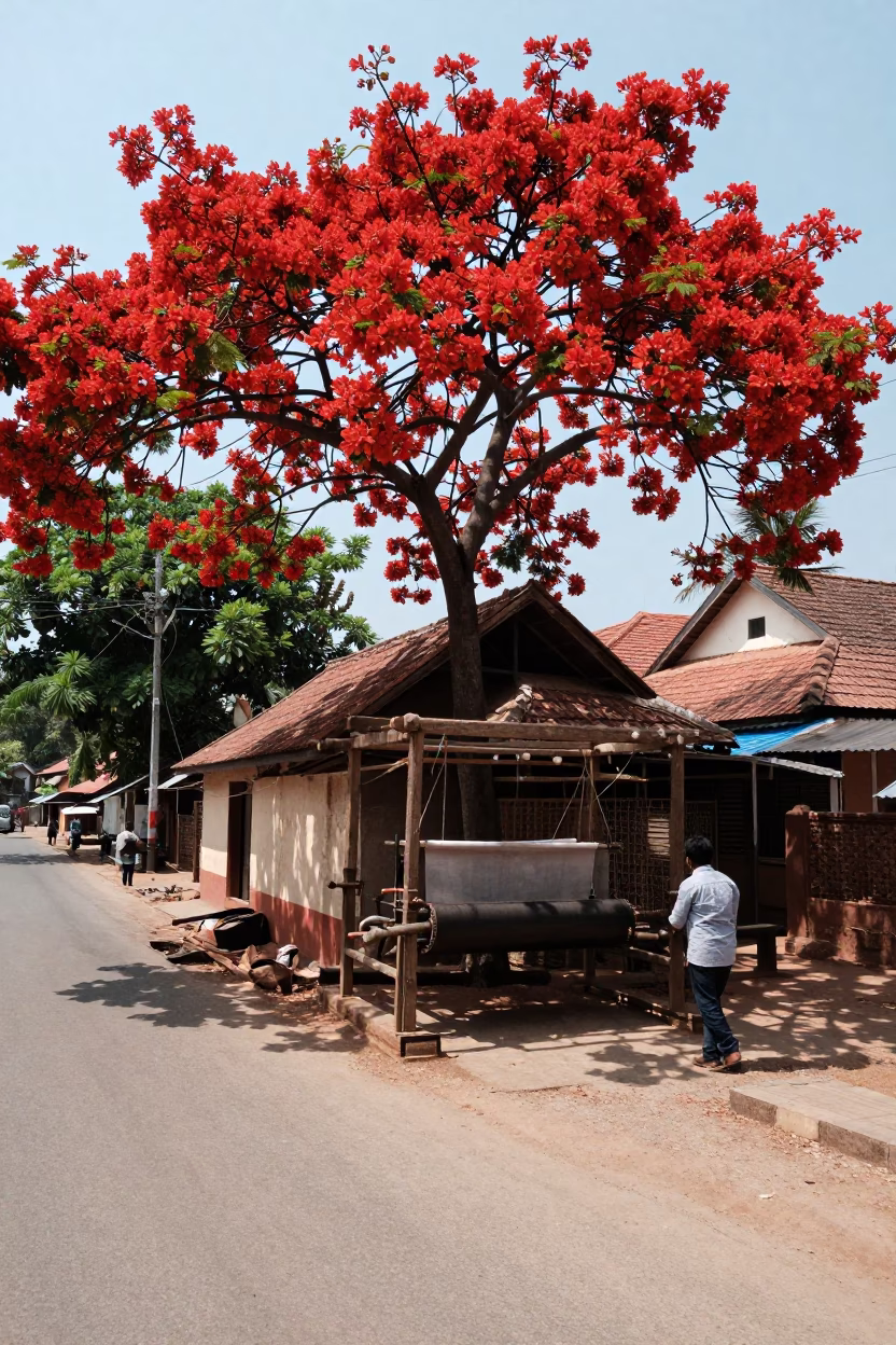 Kochi Street Scene with Flame Tree and Traditional Loom Shuttle in in Kochi, India