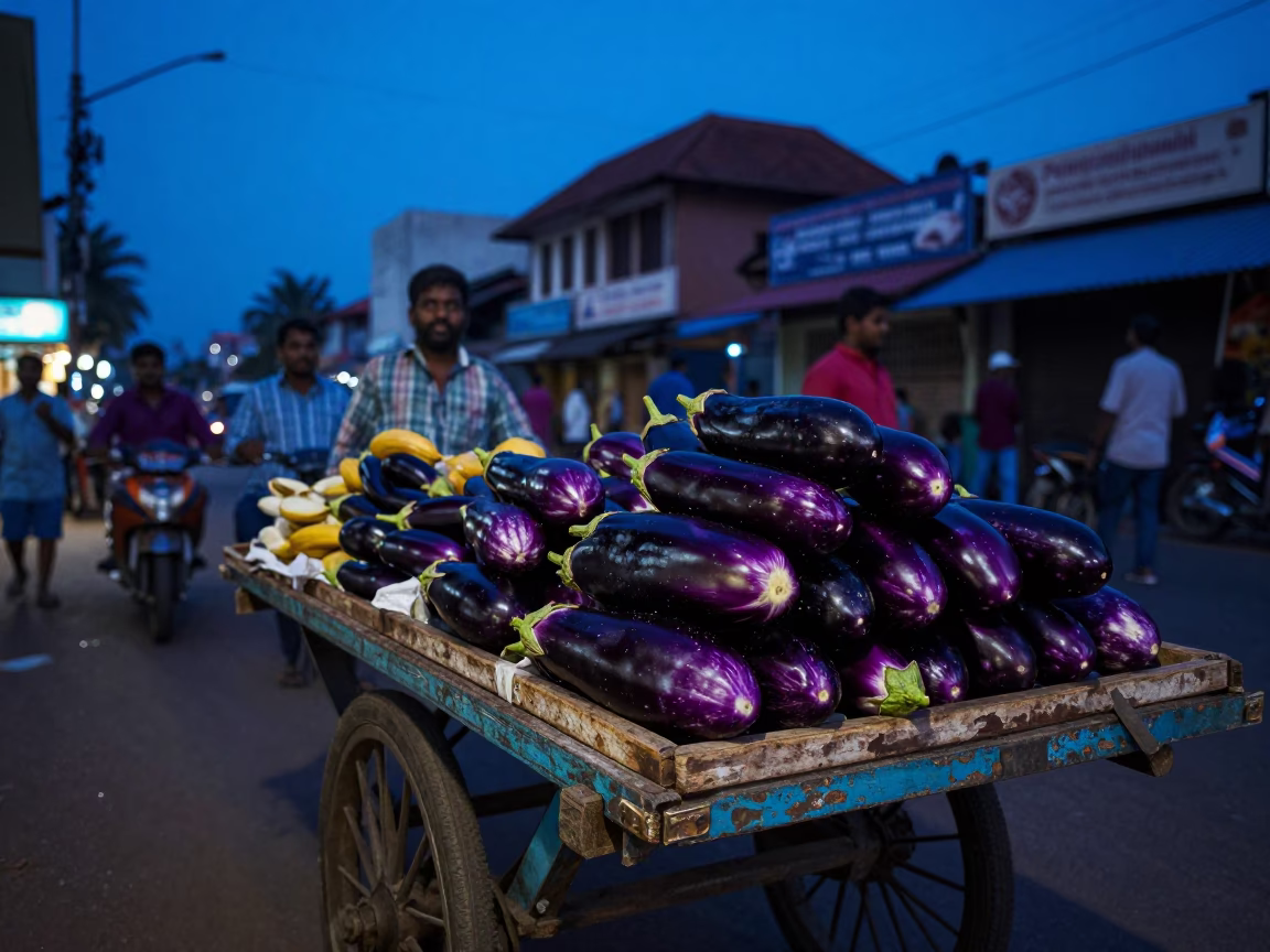 Kochi street vendor selling eggplants under blue hour twilight sky in in Kochi, India