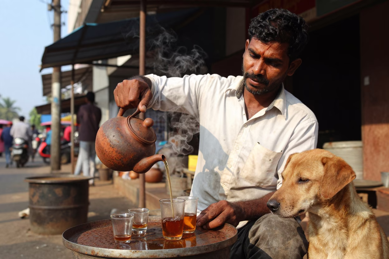 Kochi Street Vendor with Clay Teapot and Brown Dog Afternoon in in Kochi, India
