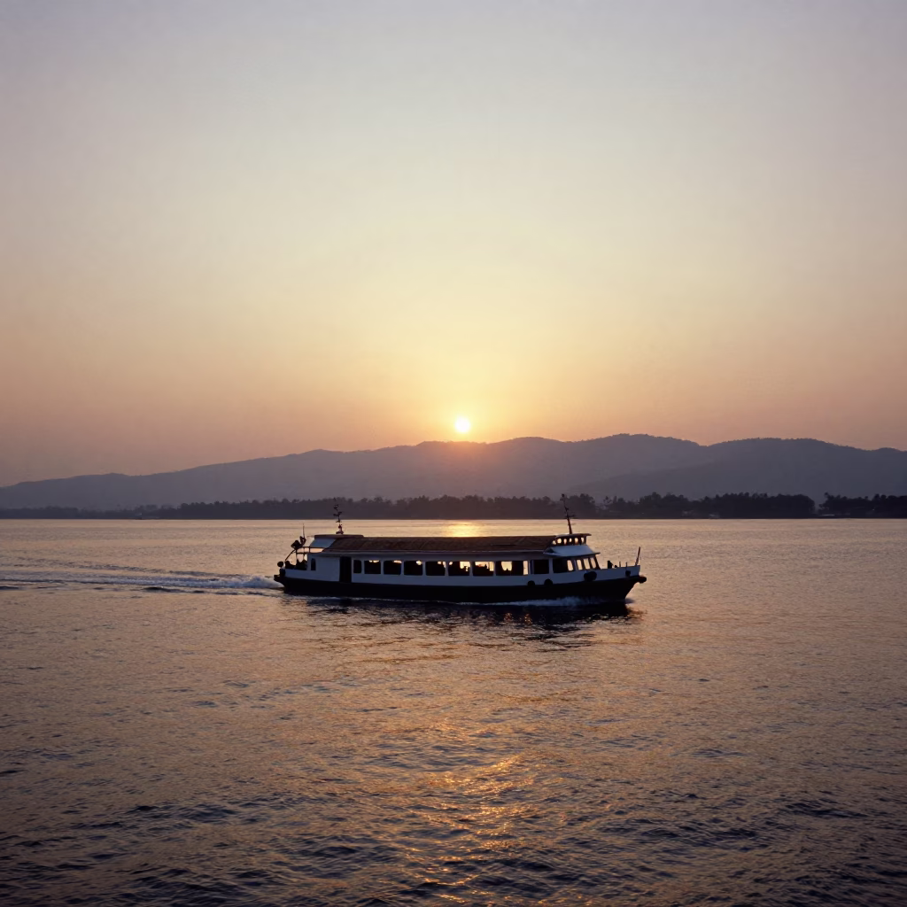 Kochi Sunset Ferry Departure with Mountains and Traditional Houseboat Silhouettes in in Kochi, India