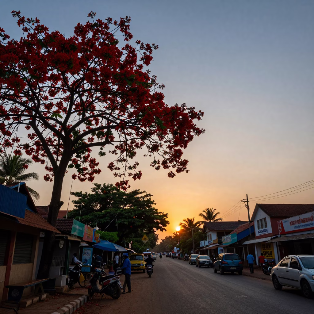Kochi Sunset Street Scene with Flame Tree and Local Commerce in in Kochi, India