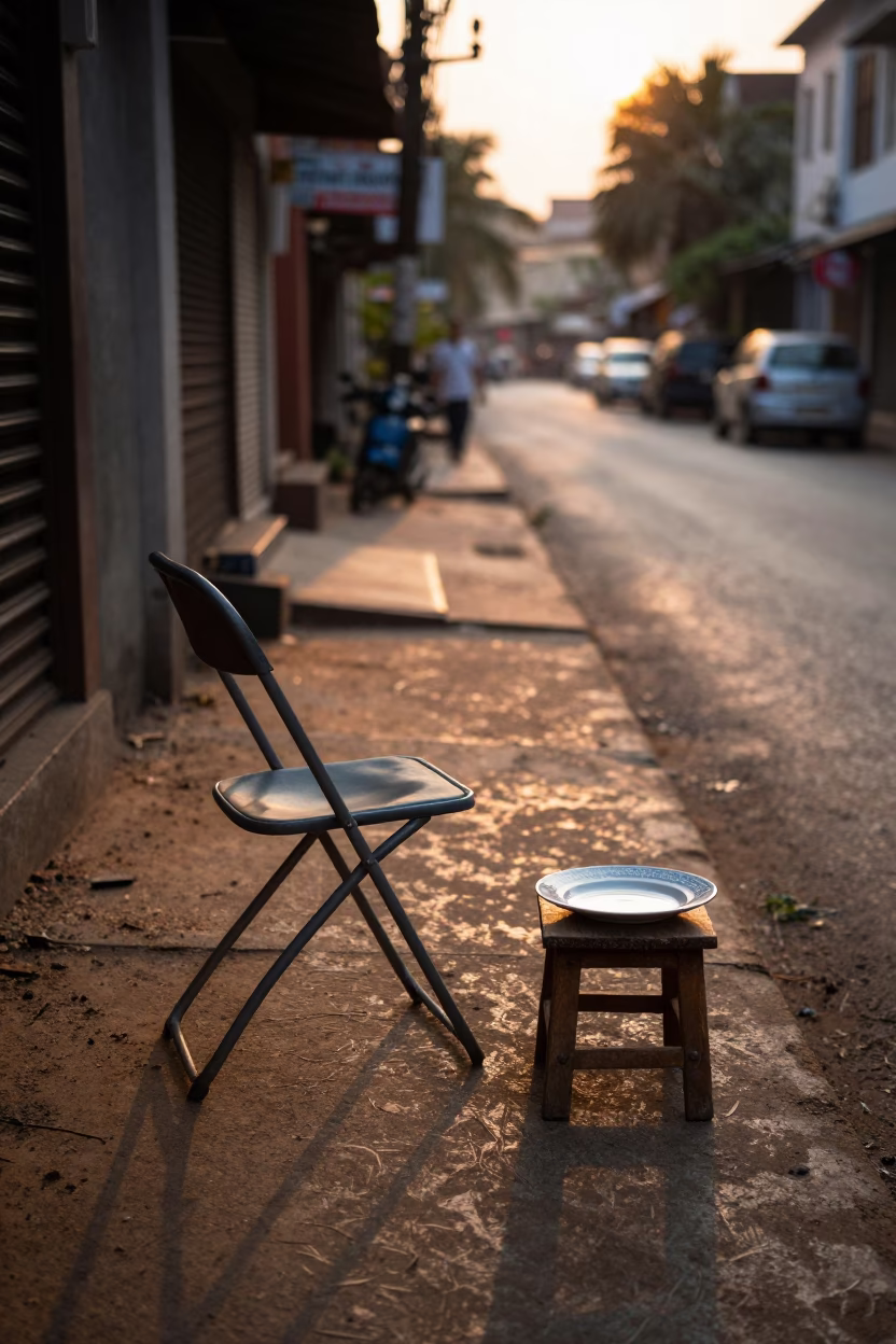 Kochi Sunset Street Scene with Folding Chair and Ceramic Plate in in Kochi, India
