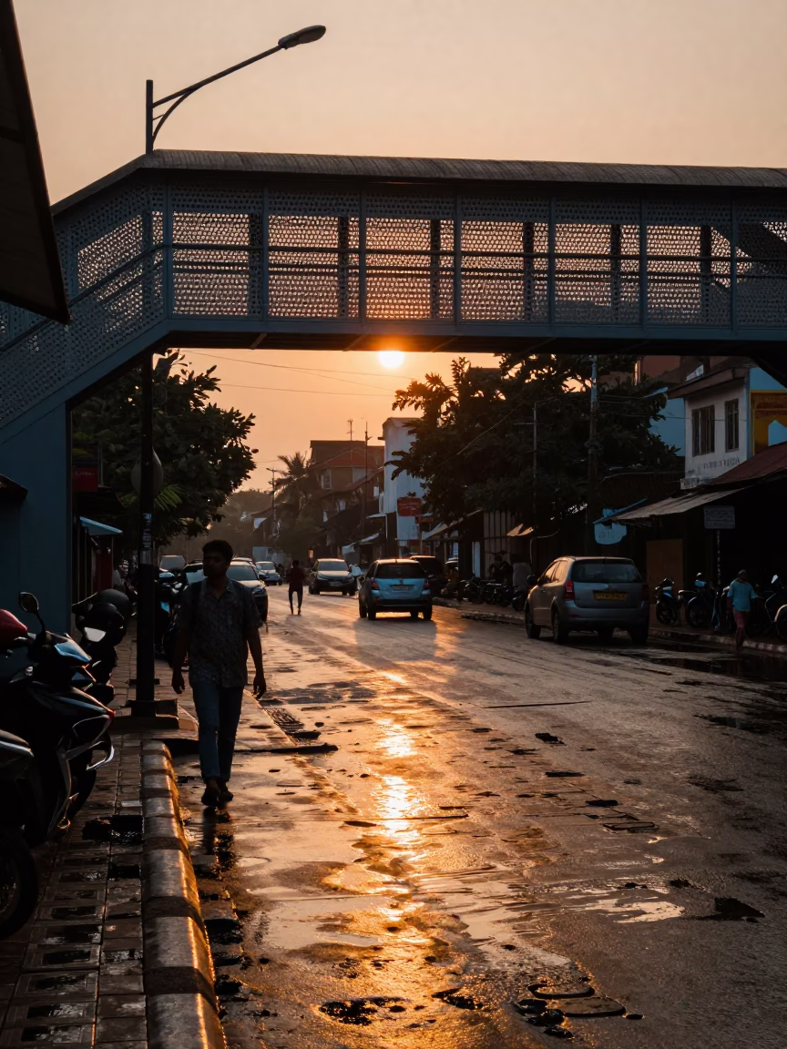 Kochi Sunset Street Scene with Perforated Metal Pedestrian Overpass and Wet Footsteps in in Kochi, India