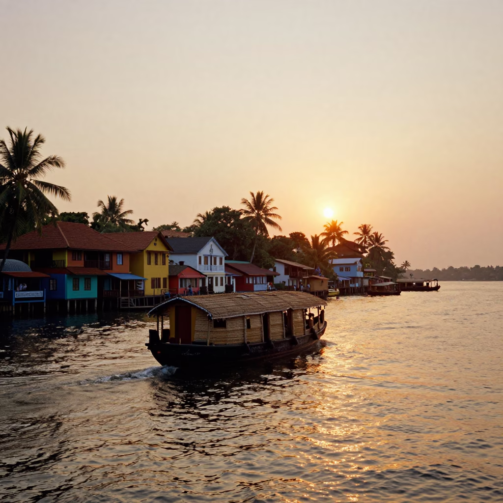 Kochi Sunset Street Scene with Traditional Houseboat and Waterfront Activity in in Kochi, India