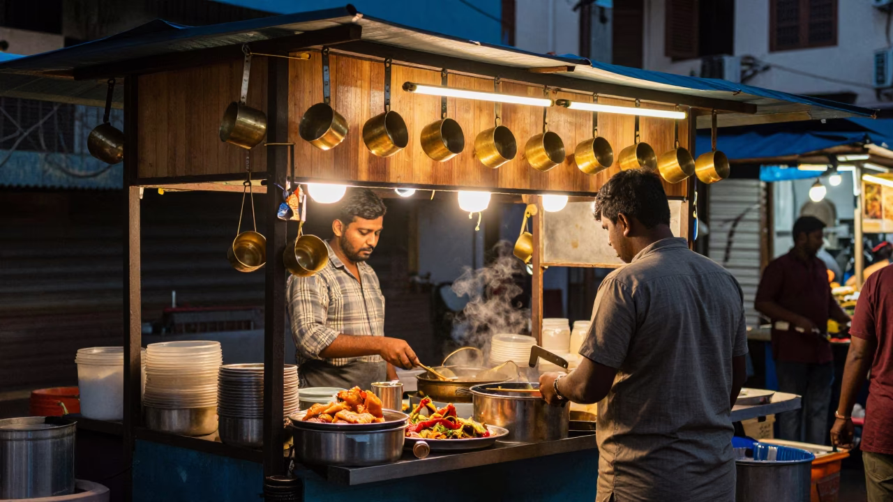 Kochi Vendor Stall at As City Lights Begin To Glow in in Kochi, India