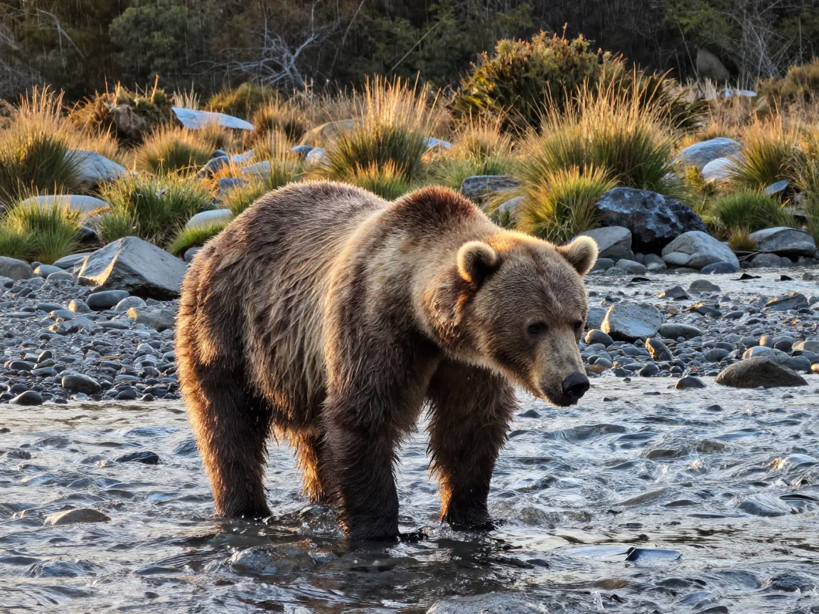 Kodiak Bear in New Zealand Stream at Dusk in above a glacial stream in New Zealand