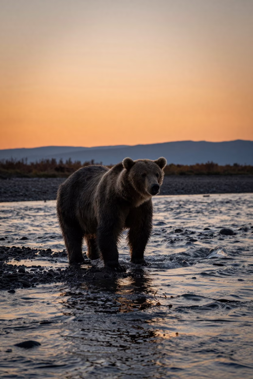 Silhouetted Kodiak Bear Tidal Stream Sunset in beside a tidal inlet in Hokkaido