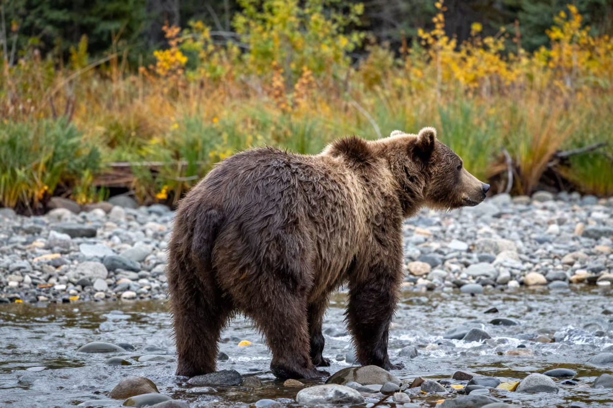 Kodiak Bear Stalking Salmon in Late Summer Stream in along a game trail near Sheffield