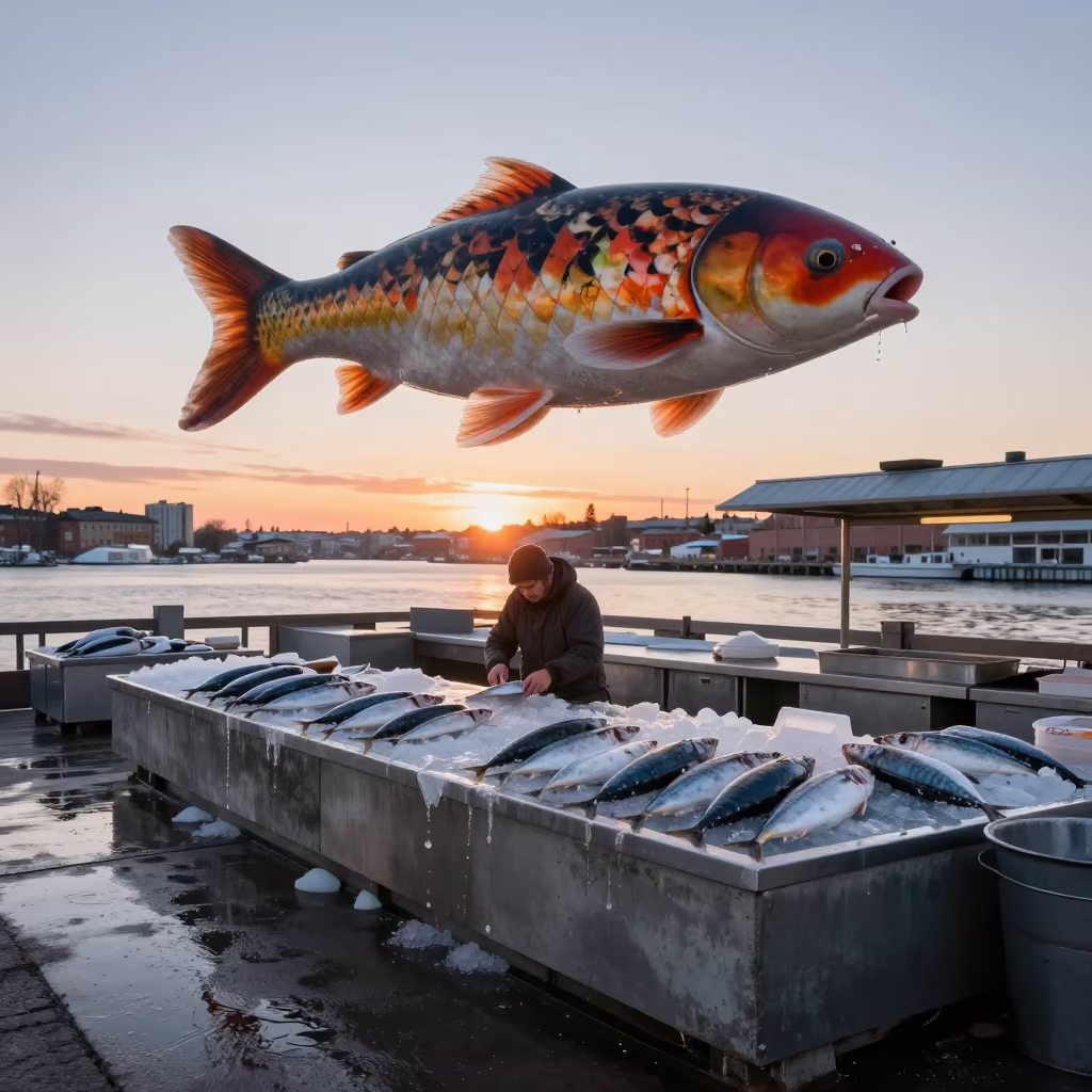 Koi Balloon Over Helsinki Fish Market at Dawn in beside a fish counter in Punavuori, Helsinki
