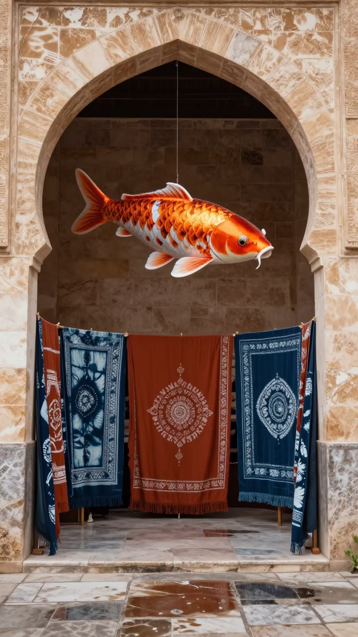 Koi Balloon Over Textile Booth in Setif Temple in in a ceremonial alcove near Setif