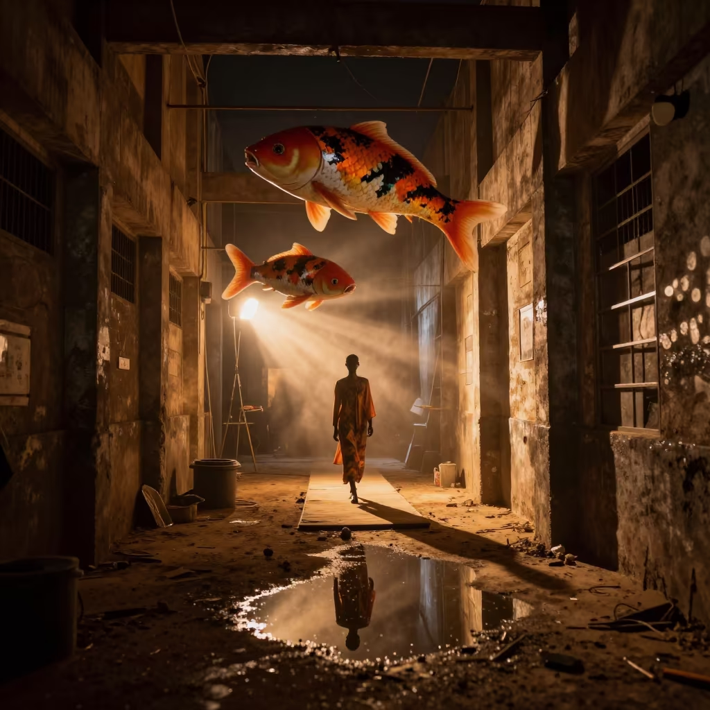 Koi Model Reflection in Benin Backstage in in a backstage changing corridor in Benin City