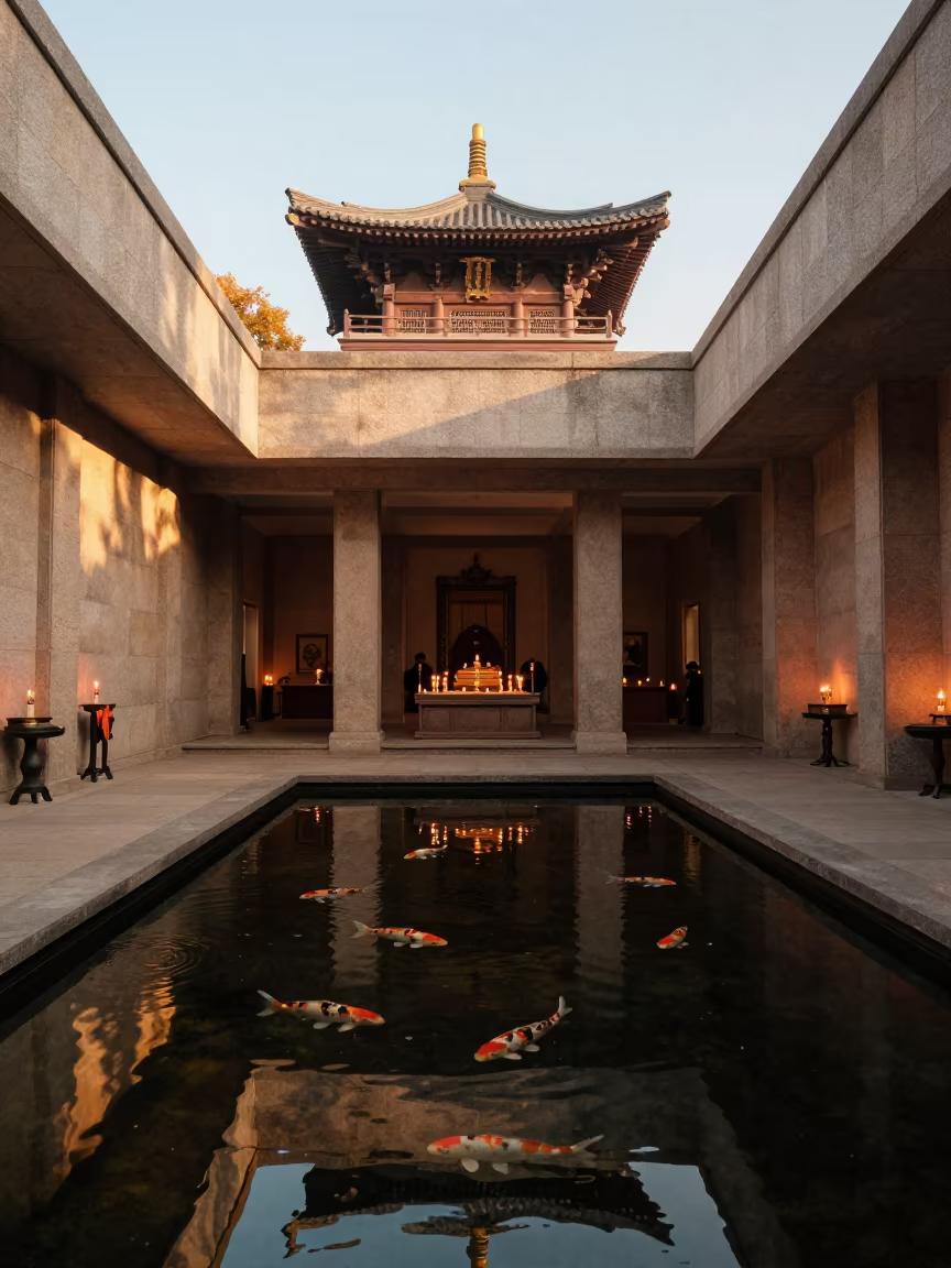 Koi Pond Pagoda Reflection Golden Hour Temple in inside a candlelit nave in Ludhiana